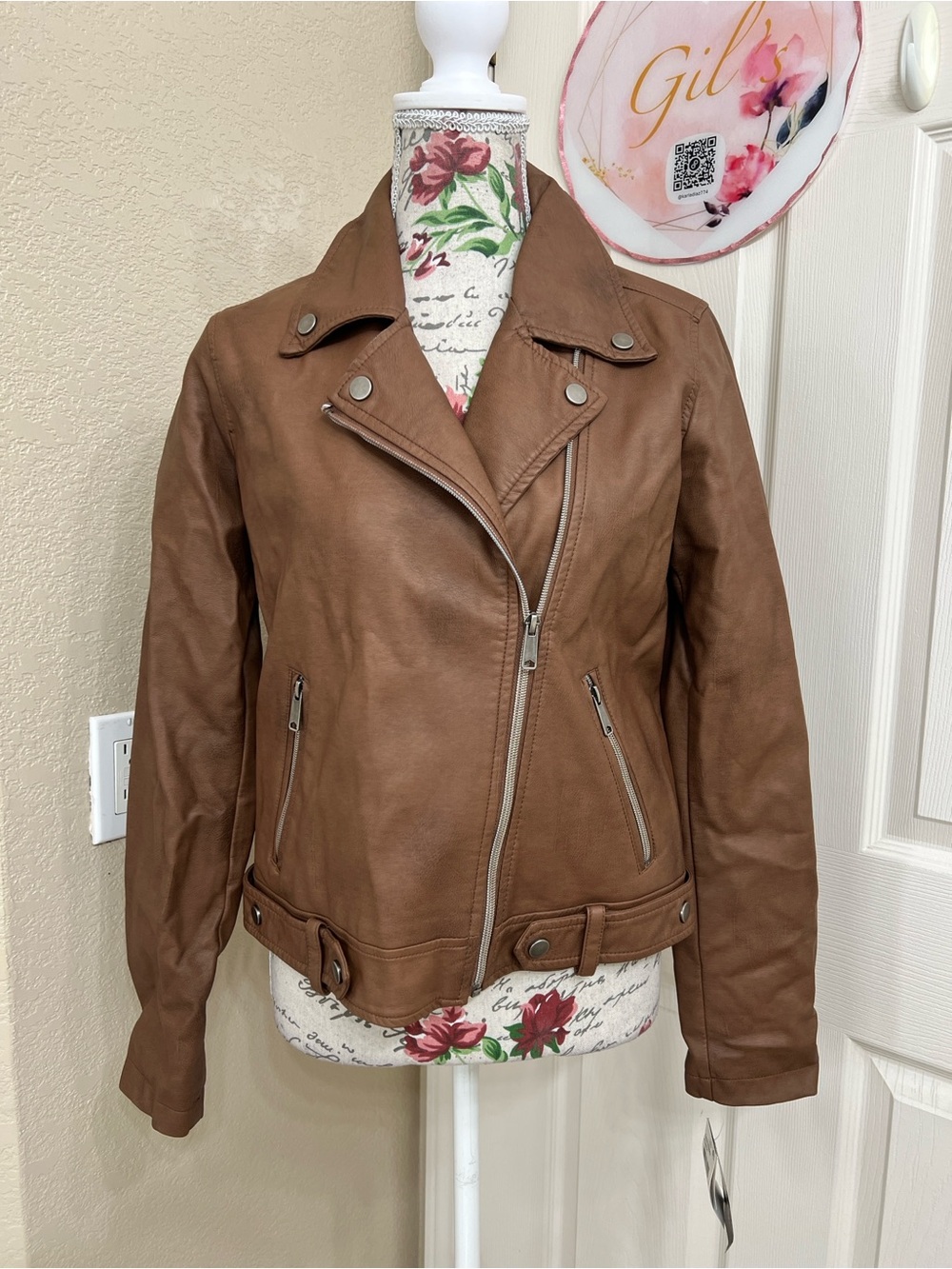 CoffeeShop Brown Faux Leather Moto Biker Jacket Size L